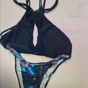 Black and Multicolor One-Piece Swimsuit